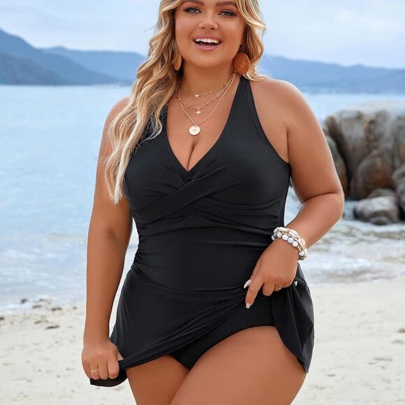 Women Plus Size Black Swim Dress with Ruched Detail and Built-In Skirt, X-Large - Picture 3 of 8